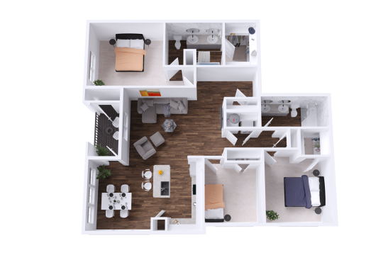 a 3d rendering of a two bedroom apartment at The Lofts at Allen Ridge