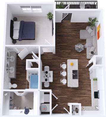 a 3d rendering of a two bedroom apartment at The Lofts at Allen Ridge