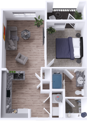 a 3d rendering of a one bedroom apartment at The Lofts at Allen Ridge